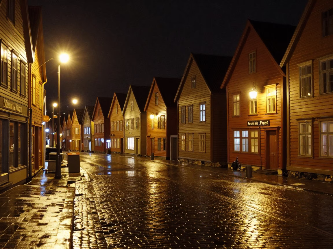 Nighttime Street Scene in Bergen Norway with Wet Cobblestones and Traditional Wooden Architecture in in Bergen, Norway