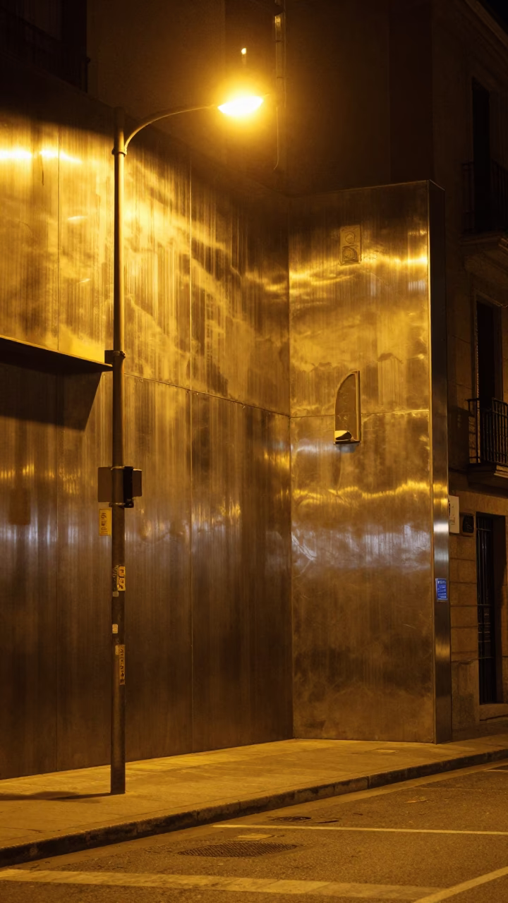 Nighttime Street Scene in Bilbao Spain with Brushed Steel Wall and Caster Wheel in in Bilbao, Spain