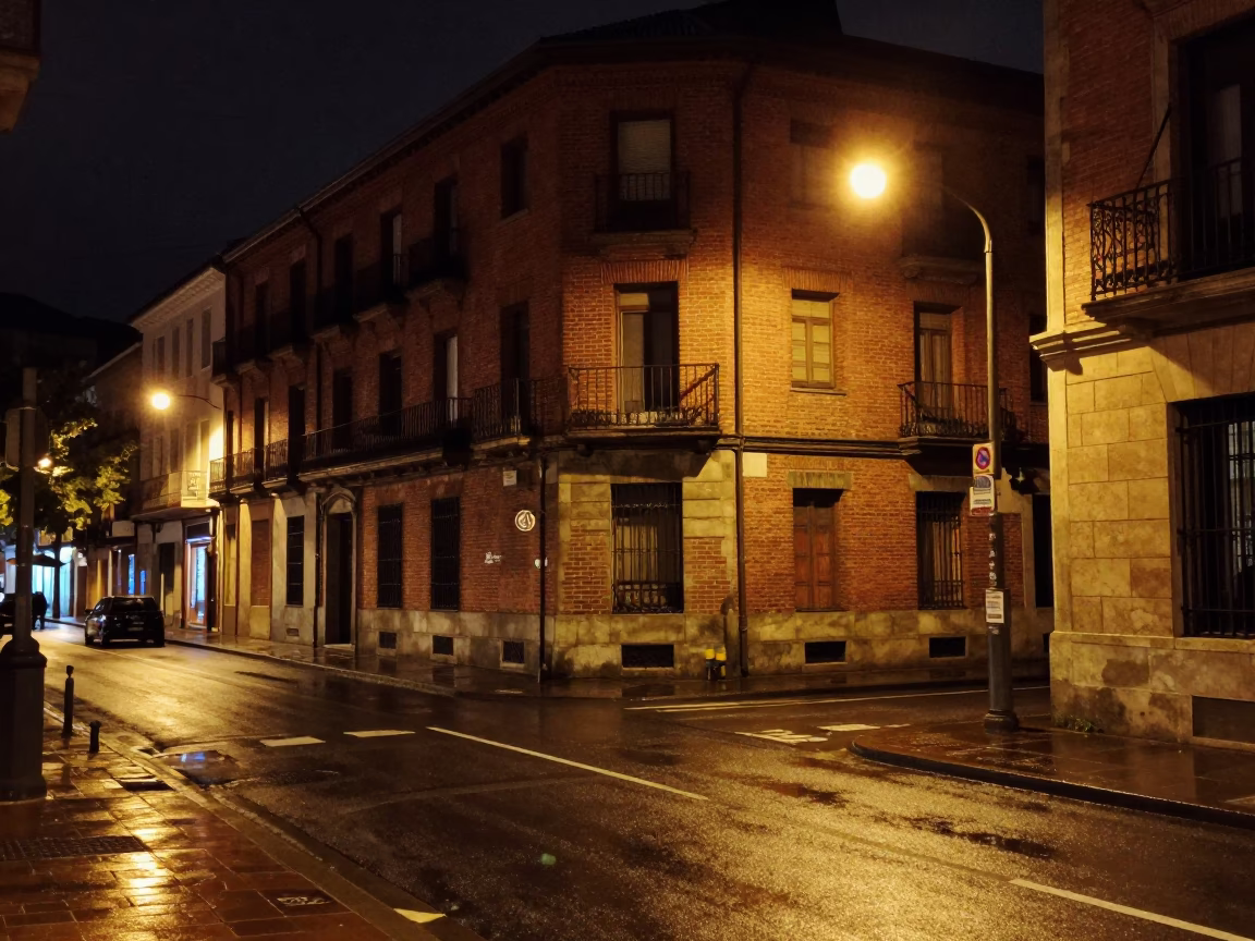 Nighttime Street Scene in Bilbao Spain with Vintage 1990s Aesthetic and Local Urban Details in in Bilbao, Spain