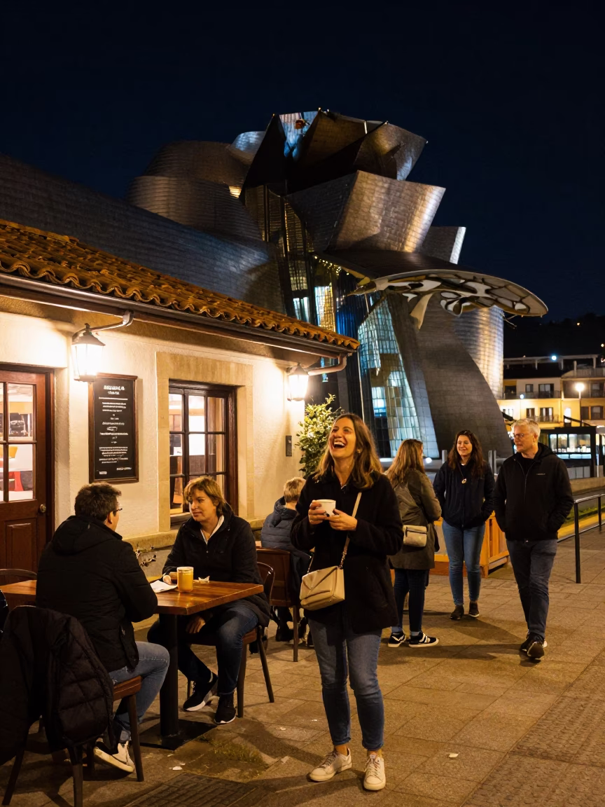 Nighttime Street Scene in Bilbao Spain with Warm Light and Local Details in in Bilbao, Spain