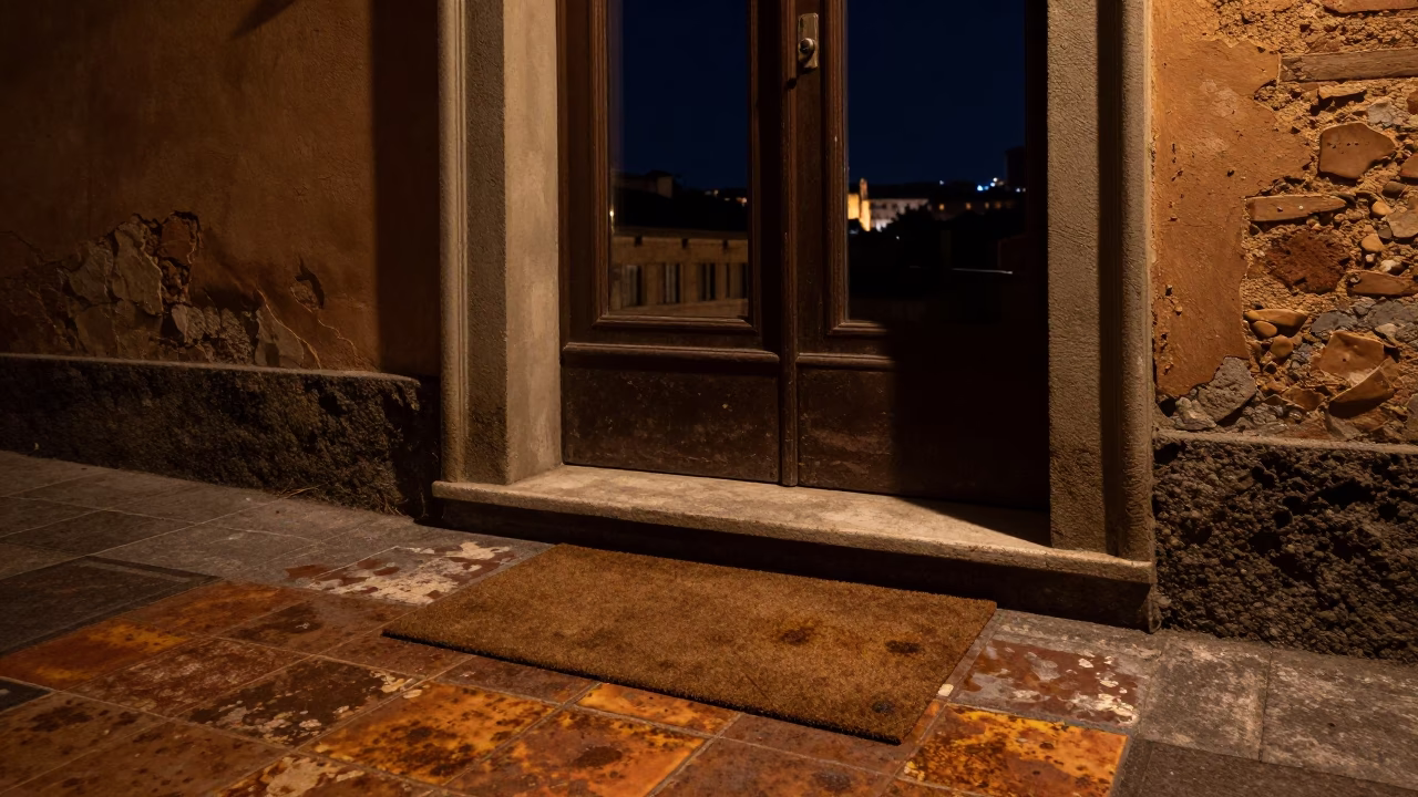 Nighttime Street Scene in Bologna Italy with Rusty Tile and Doormat in in Bologna, Italy