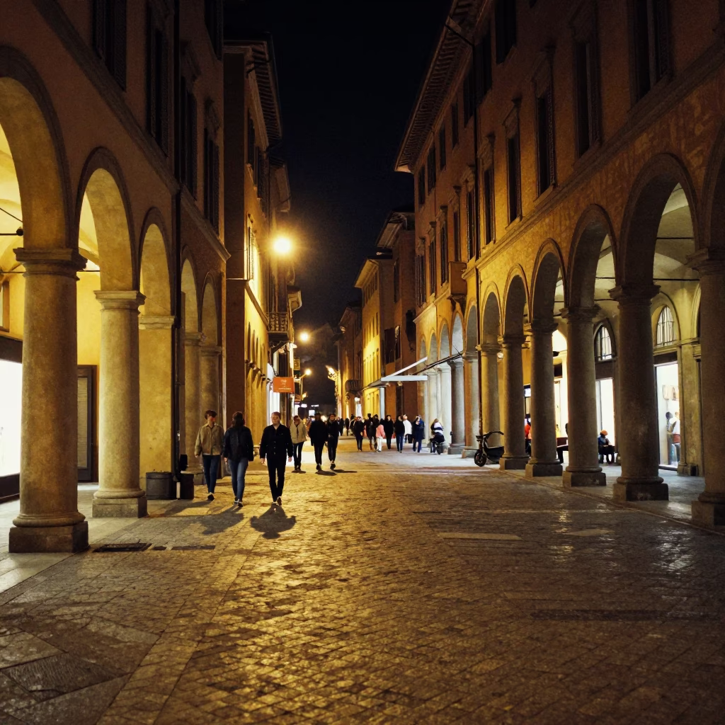 Nighttime Street Scene in Bologna Italy with Vintage 1980s Atmosphere and Urban Details in in Bologna, Italy