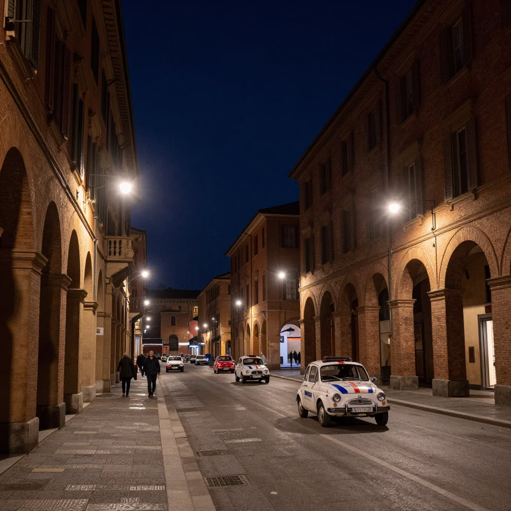 Nighttime Street Scene in Bologna Italy with Vintage Car Rally and Urban Architecture in in Bologna, Italy