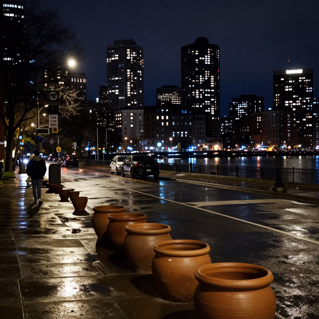 Nighttime Street Scene in Boston Massachusetts with Clay Pots and Urban Elements in in Boston, Massachusetts, United States