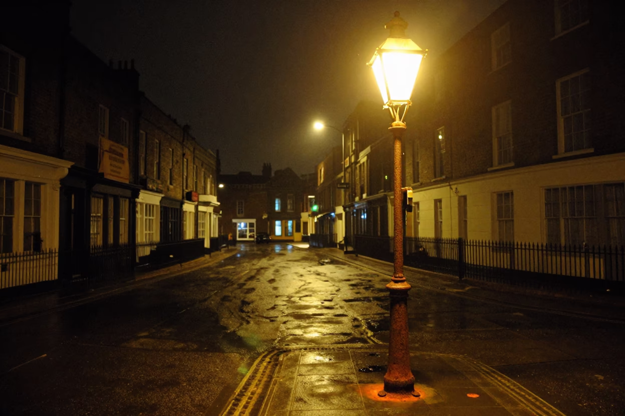 Nighttime Street Scene in Bristol UK with Rusty Lamp and Signal Gantry in in Bristol, United Kingdom