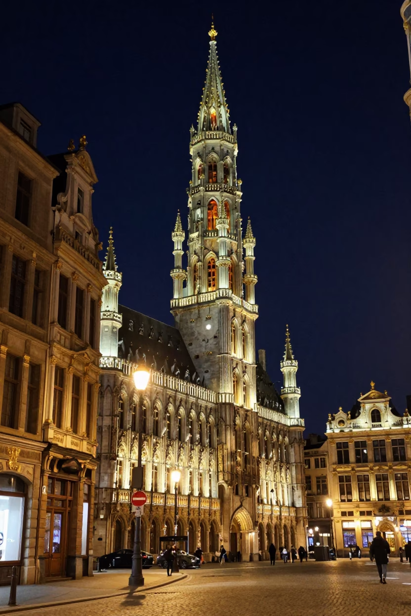 Nighttime Street Scene in Brussels Belgium with Bell Tower and Urban Fence Detail in in Brussels, Belgium