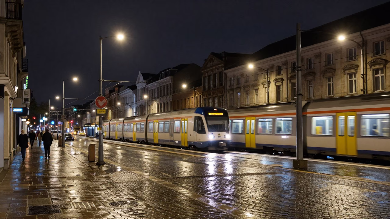 Nighttime Street Scene in Brussels Belgium with Commuter Train and Urban Elements in in Brussels, Belgium
