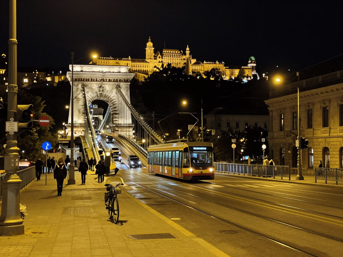 Nighttime Street Scene in Budapest Hungary with Funicular and Bicycle in in Budapest, Hungary