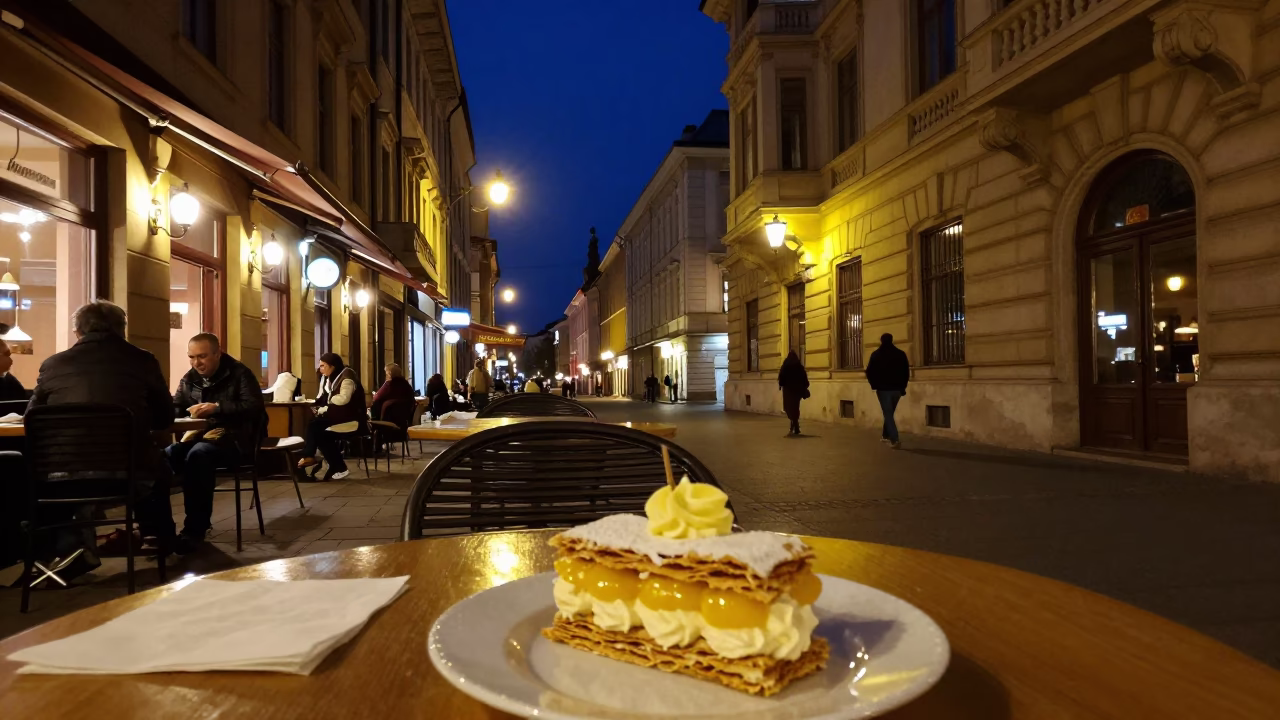 Nighttime Street Scene in Budapest Hungary with Local Dining and Urban Activity in in Budapest, Hungary