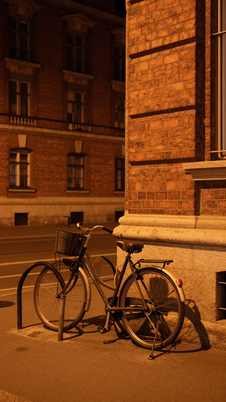 Nighttime Street Scene in Budapest Hungary with Vintage Bicycle and Substation Fence in in Budapest, Hungary
