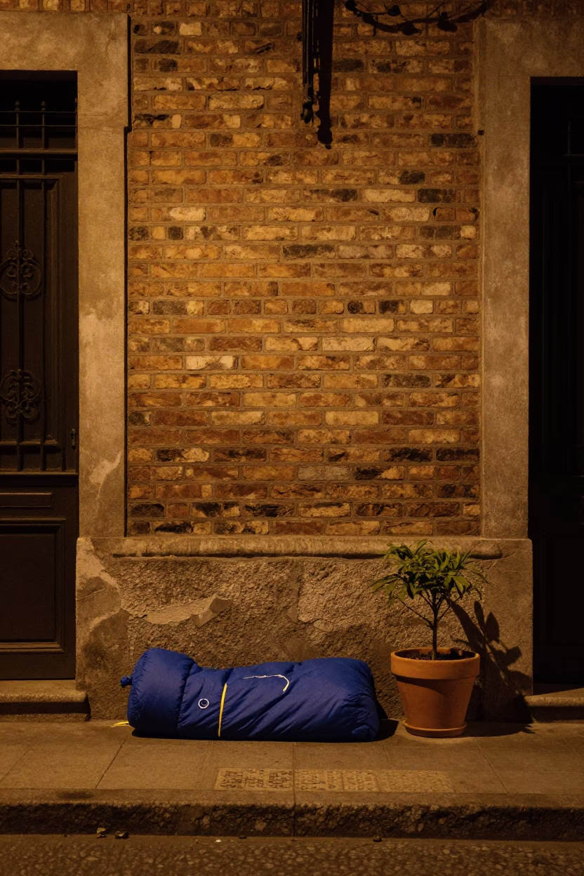 Nighttime Street Scene in Buenos Aires with Sleeping Bag and Terracotta Pot in in Buenos Aires, Argentina