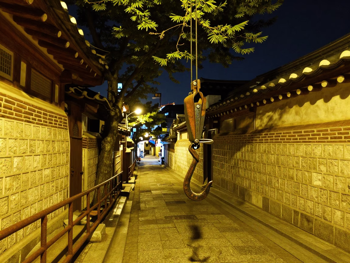 Nighttime Street Scene in Busan South Korea with Iron Hook and Tree in in Busan, South Korea