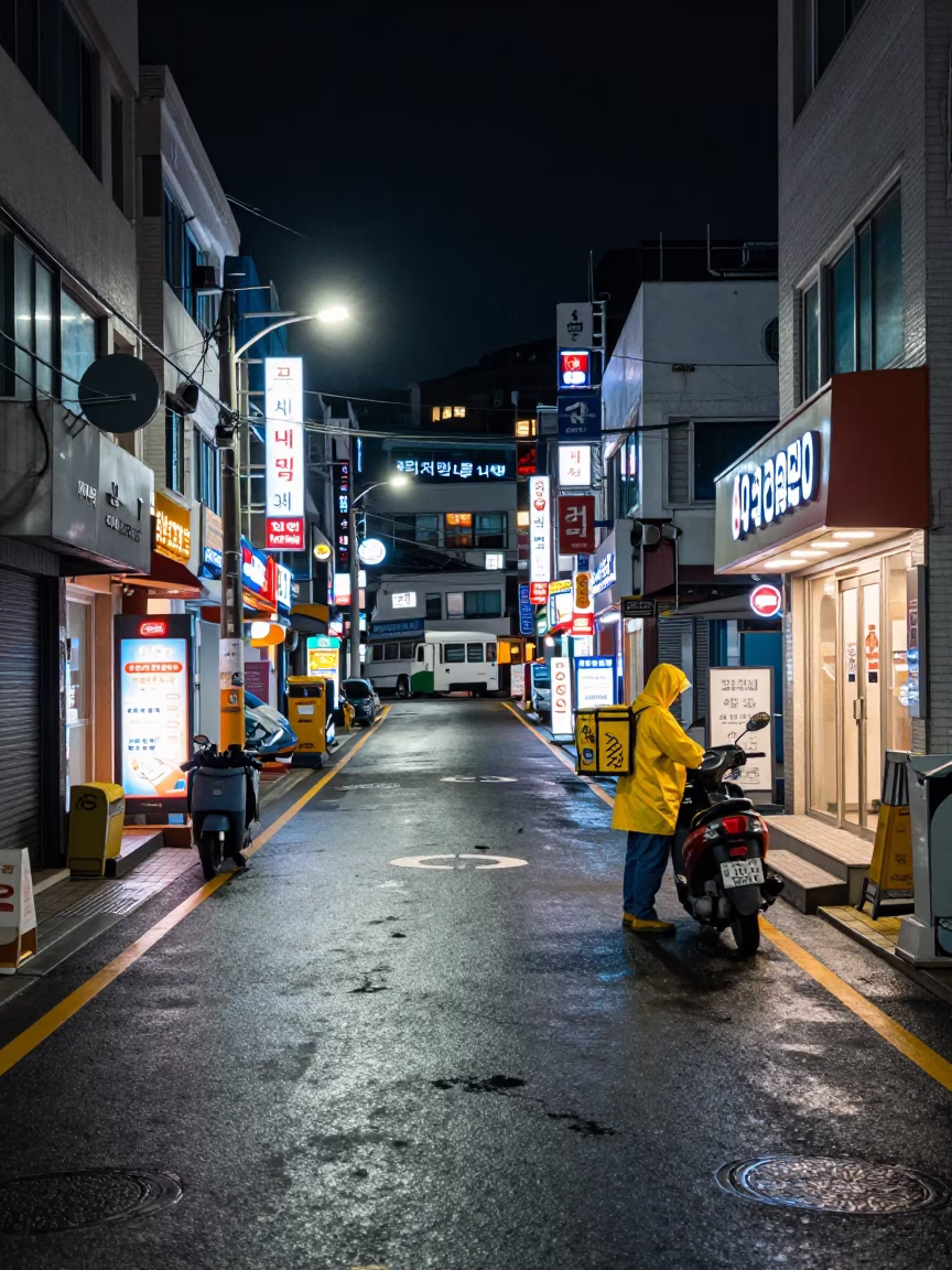 Nighttime Street Scene in Busan South Korea with Neon Signs and Diners in in Busan, South Korea