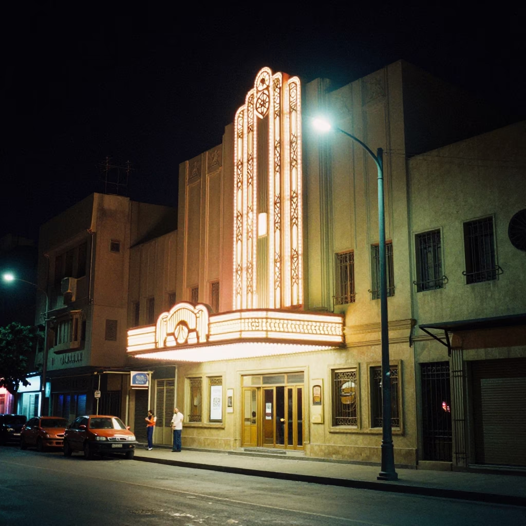 Nighttime Street Scene in Cairo Egypt with Art Deco Cinema Facade and Local Pedestrians in in Cairo, Egypt