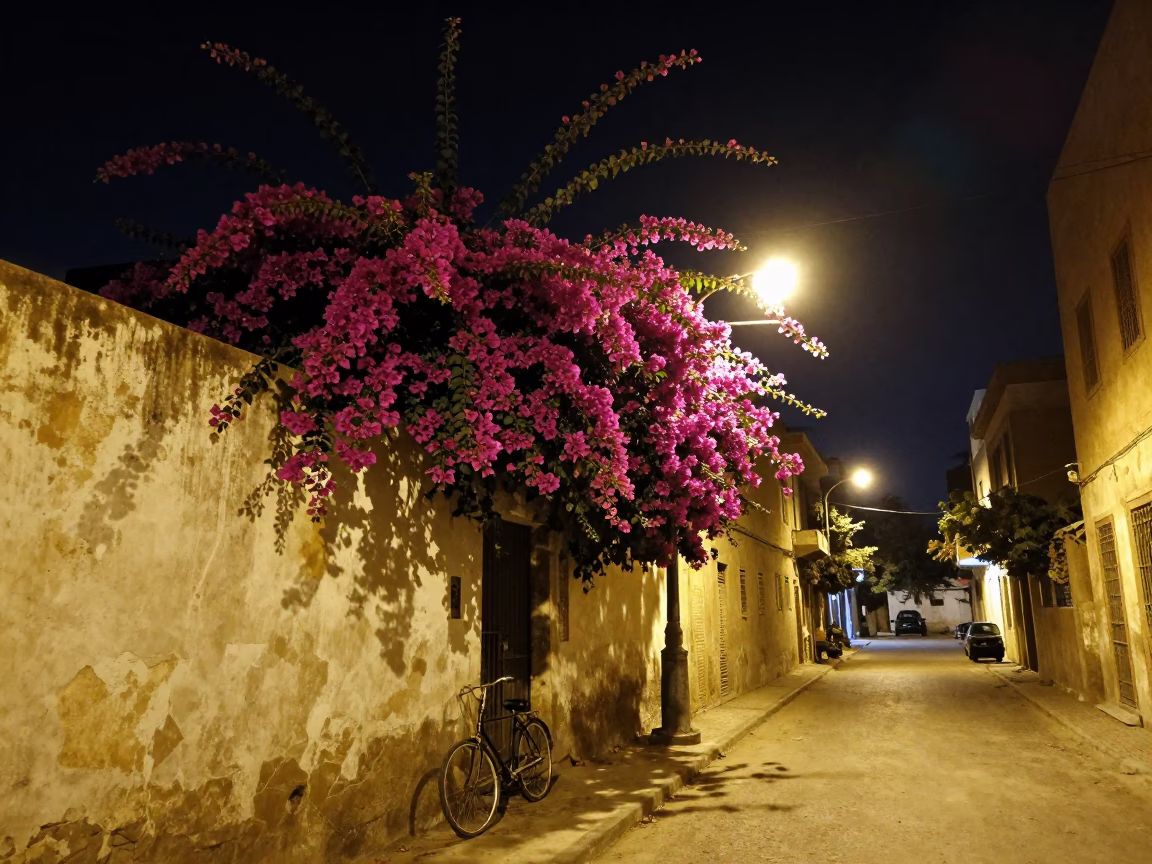 Nighttime Street Scene in Cairo Egypt with Bougainvillea and Bicycle in in Cairo, Egypt