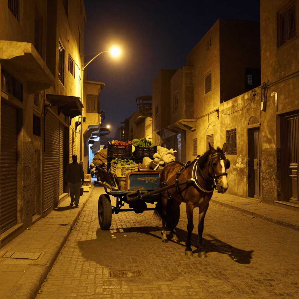 Nighttime Street Scene in Cairo Egypt with Horse Drawn Cart on Cobblestone Road in in Cairo, Egypt