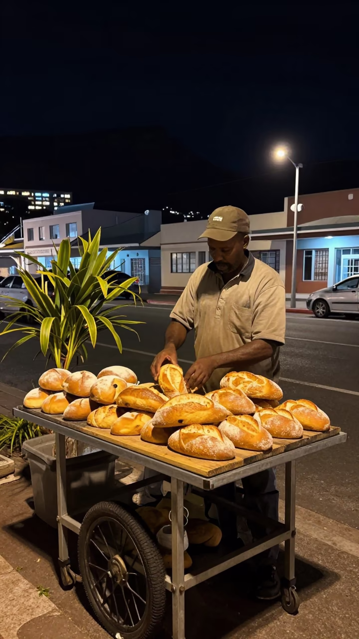 Nighttime street scene in Cape Town with bread loaves and houseplant in in Cape Town, South Africa