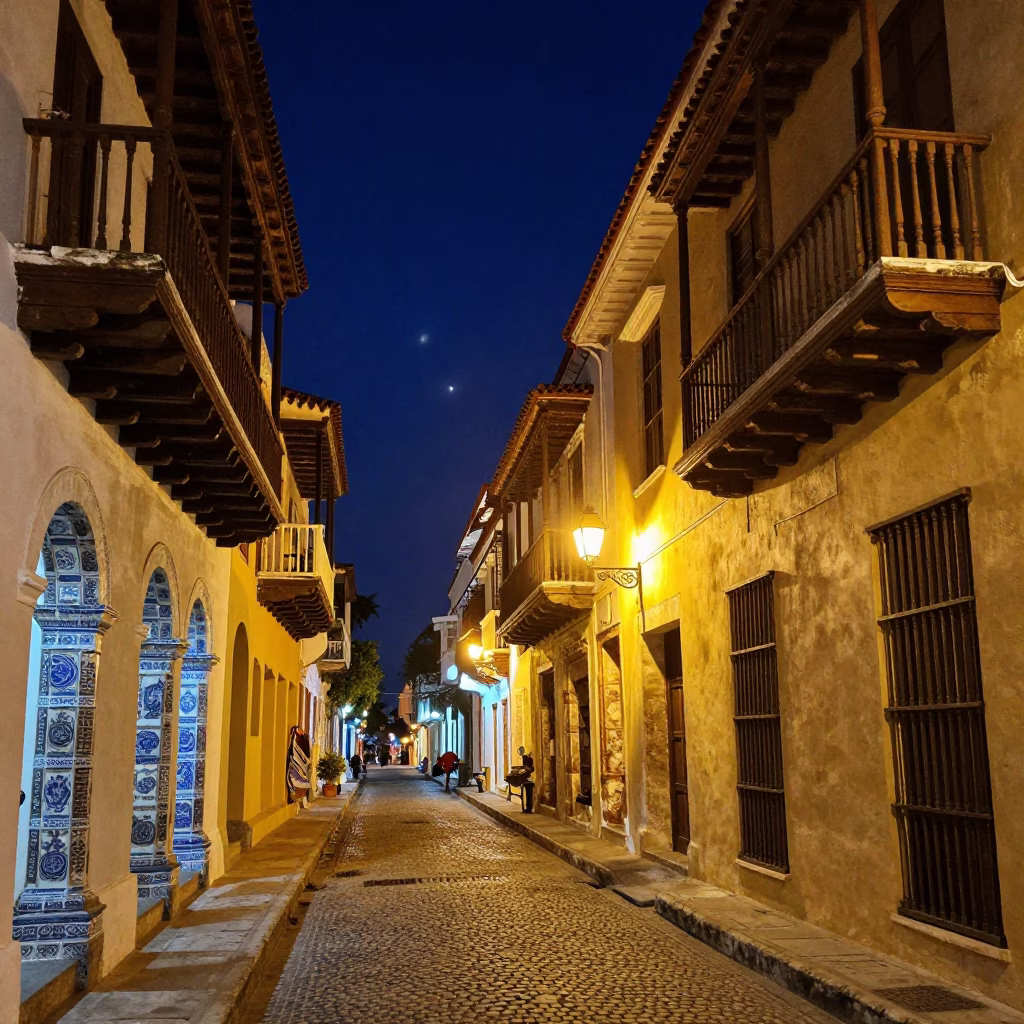 Nighttime Street Scene in Cartagena Colombia With Blue Porcelain and Street Vendors in in Cartagena, Colombia