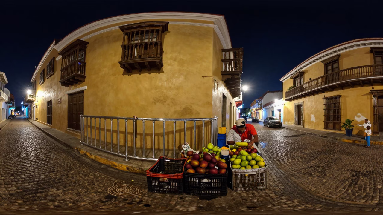 Nighttime Street Scene in Cartagena Colombia with Brushed Steel Rail and Purple Acai Berries in in Cartagena, Colombia