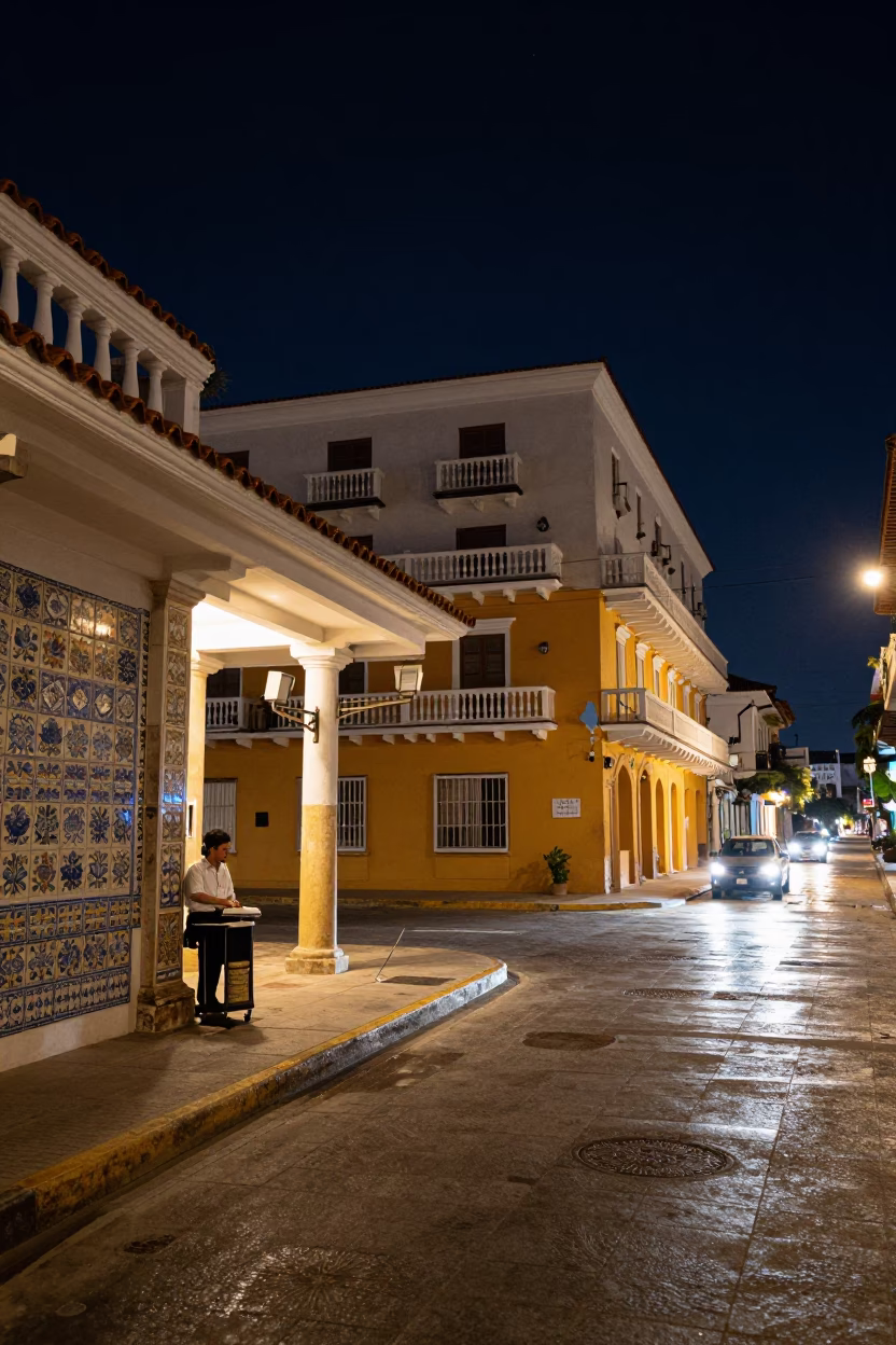 Nighttime Street Scene in Cartagena Colombia with Ceramic Tiles and Hotel Awning in in Cartagena, Colombia