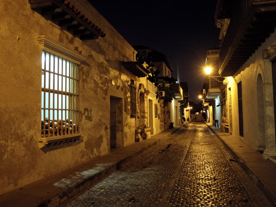 Nighttime street scene in Cartagena Colombia with glowing window and onions in in Cartagena, Colombia