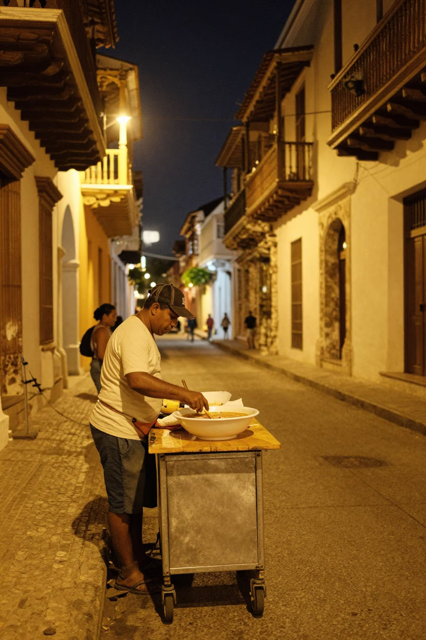 Nighttime Street Scene in Cartagena Colombia with Local Vendor and Urban Details in in Cartagena, Colombia