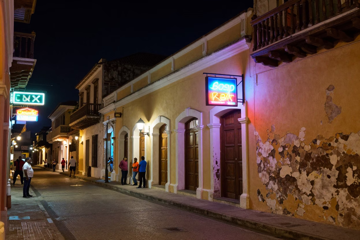 Nighttime Street Scene in Cartagena Colombia with Neon Signs and Local People in in Cartagena, Colombia
