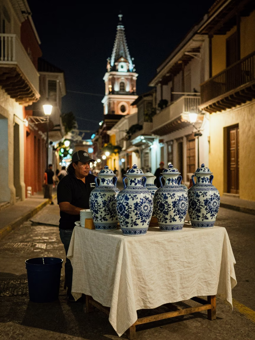 Nighttime Street Scene in Cartagena Colombia with Porcelain Jars and Linen Fringe in in Cartagena, Colombia