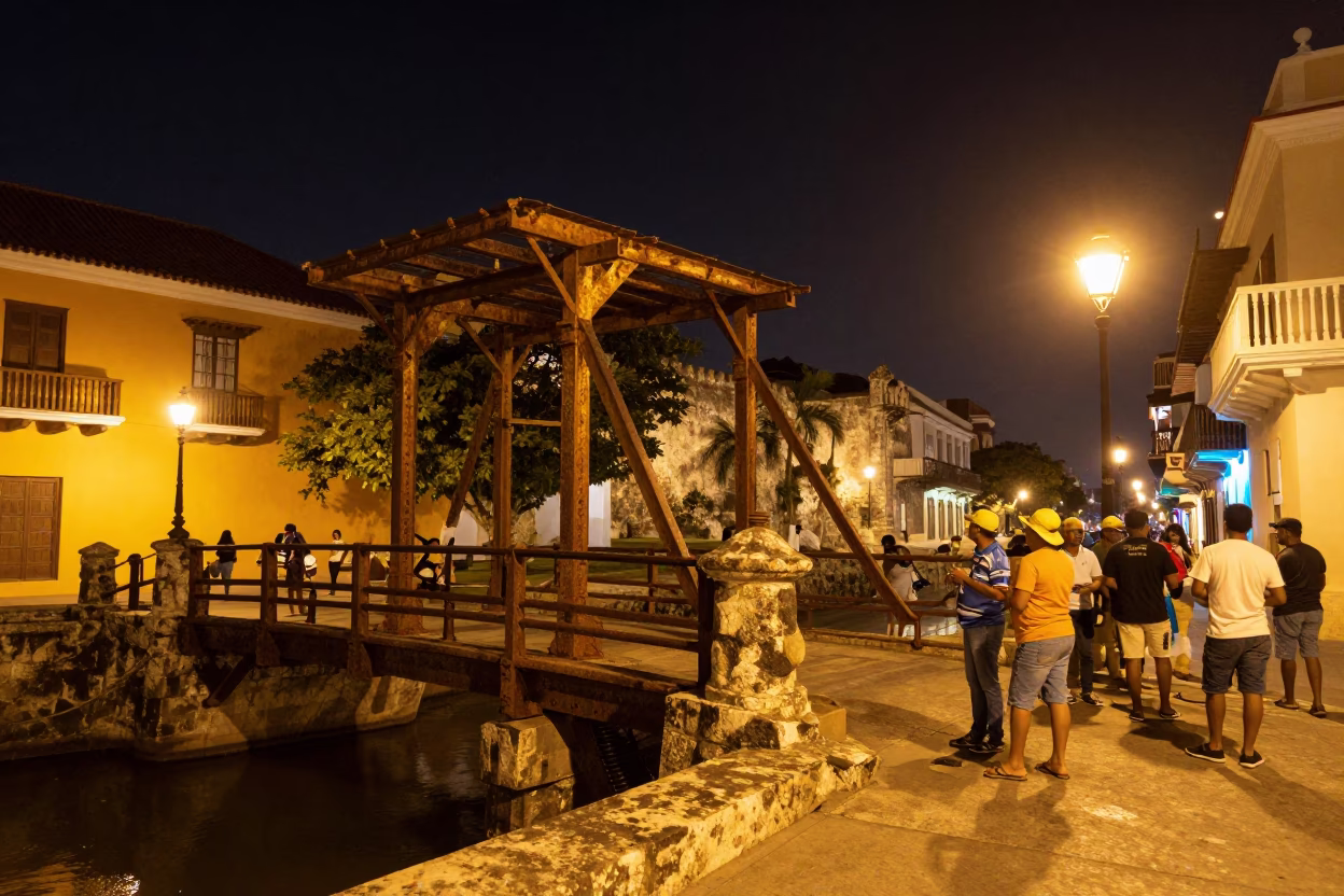 Nighttime Street Scene in Cartagena Colombia with Rusted Drawbridge and Local Interaction in in Cartagena, Colombia