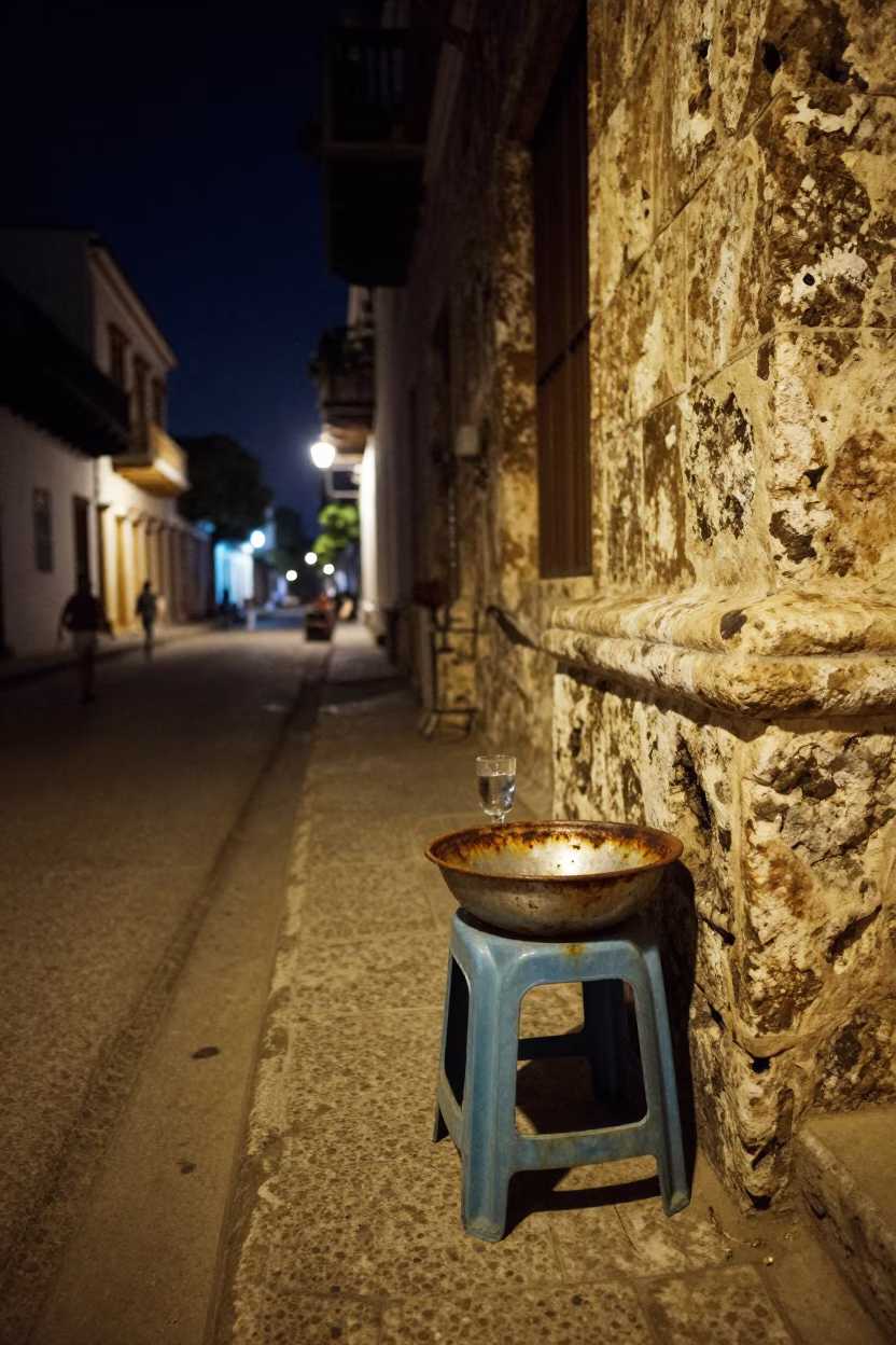 Nighttime Street Scene in Cartagena Colombia with Rusty Bowl and Glass Tumbler in in Cartagena, Colombia