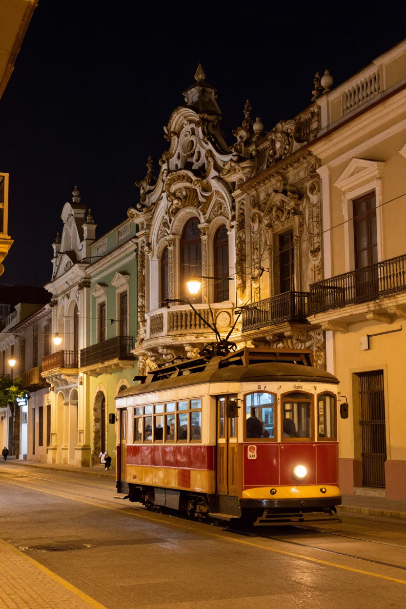 Nighttime street scene in Cartagena Colombia with tram passing Art Nouveau facades in in Cartagena, Colombia