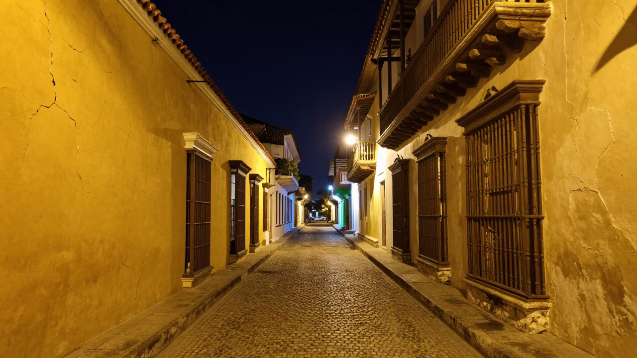 Nighttime Street Scene in Cartagena Colombia with Vibrant Colors and Local Life in in Cartagena, Colombia