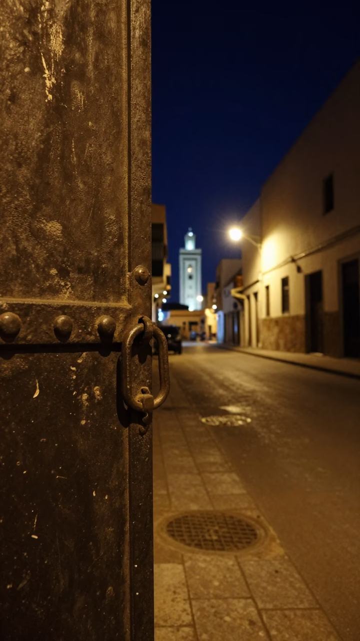 Nighttime Street Scene in Casablanca Morocco with Iron Deadbolt and Dimly Lit Architecture in in Casablanca, Morocco
