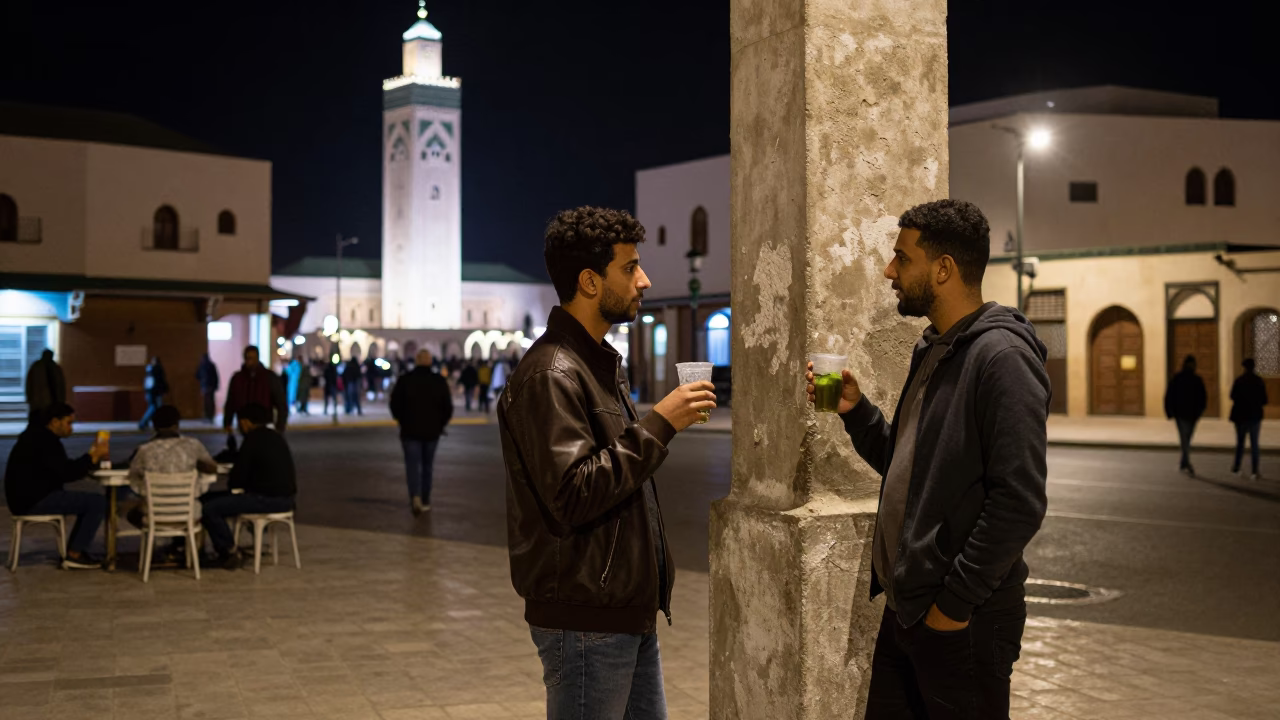 Nighttime street scene in Casablanca Morocco with locals and illuminated architecture in in Casablanca, Morocco