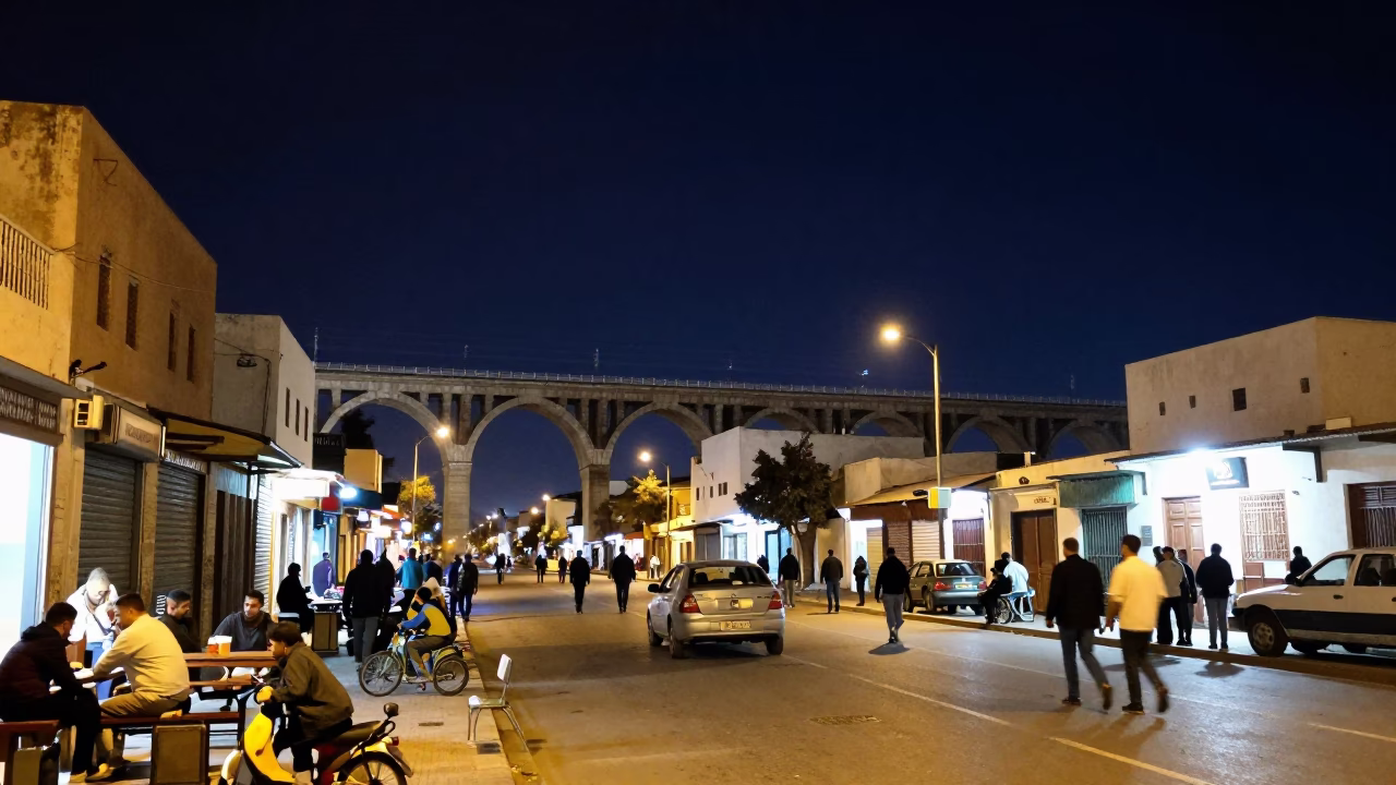 Nighttime Street Scene in Casablanca Morocco with Railway Viaduct and Local Life in in Casablanca, Morocco