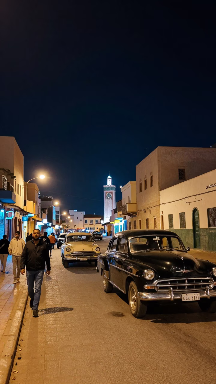 Nighttime Street Scene in Casablanca Morocco with Vintage Car Rally and Local Interaction in in Casablanca, Morocco