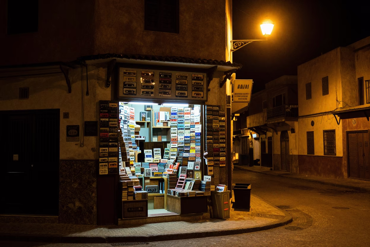 Nighttime Street Scene in Casablanca Morocco with Vintage Cassette Tapes and Urban Details in in Casablanca, Morocco