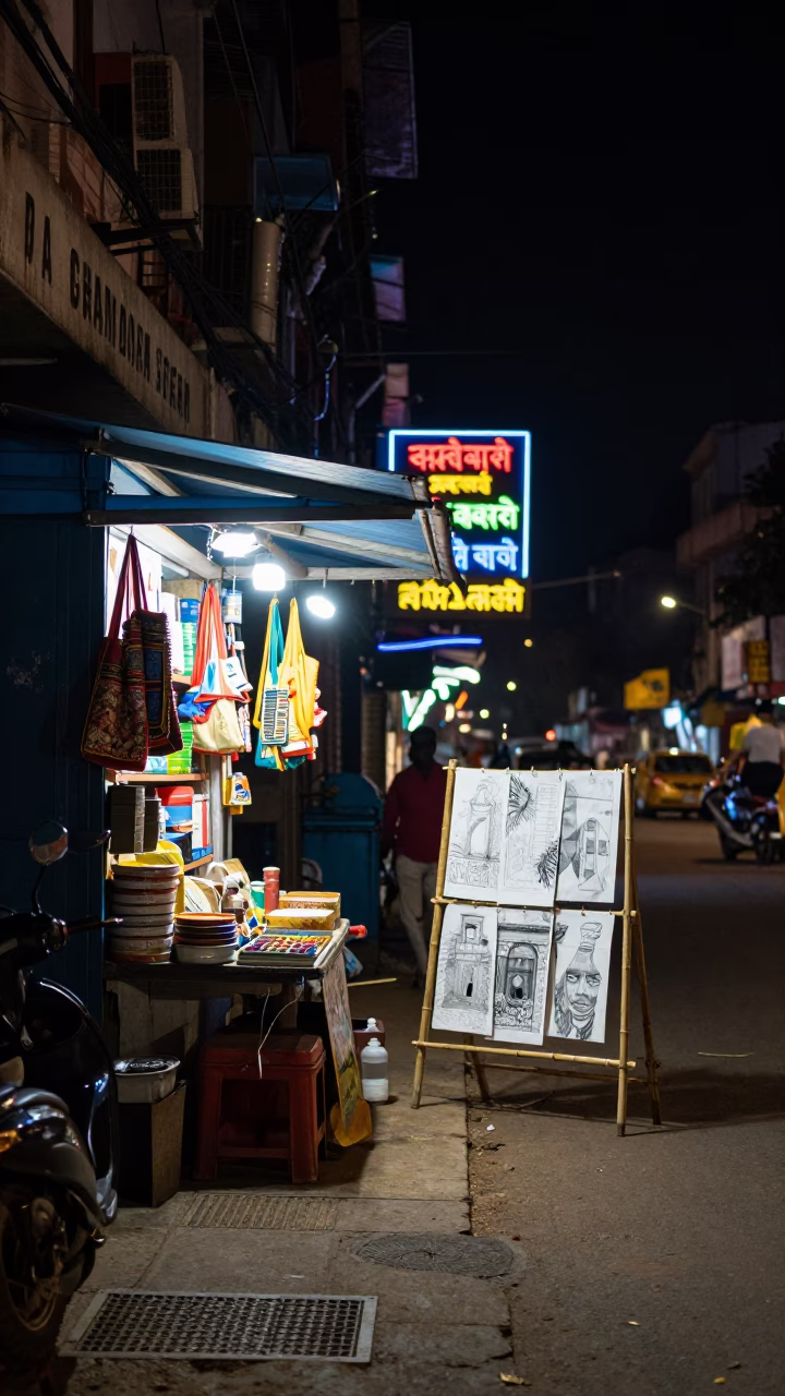 Nighttime Street Scene in Chennai India with Colorful Neon Signs and Local Shop Display in in Chennai, India