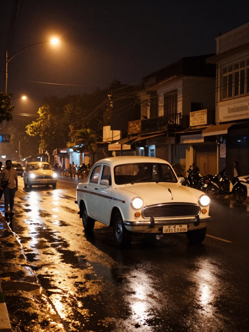 Nighttime Street Scene in Chennai India with Vintage Car and Street Lights in in Chennai, India