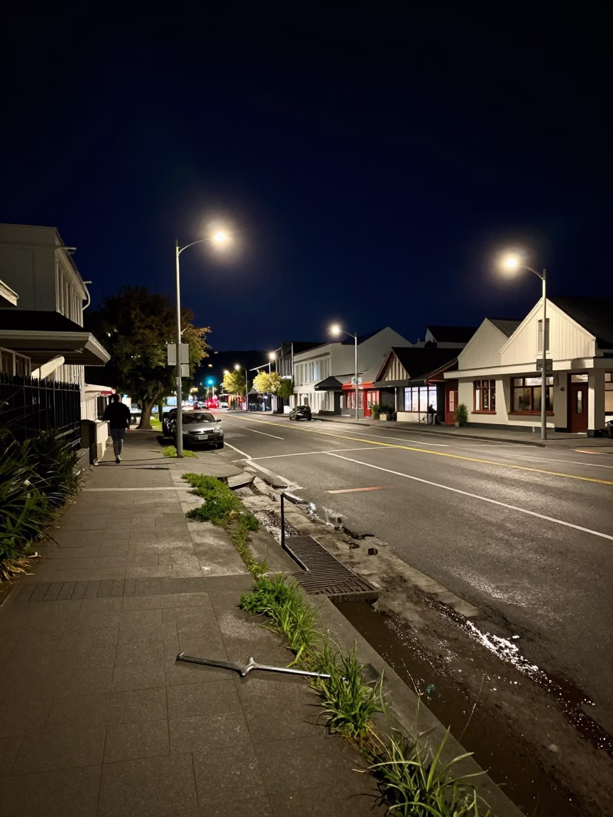 Nighttime Street Scene in Christchurch New Zealand with Urban Elements in in Christchurch, New Zealand