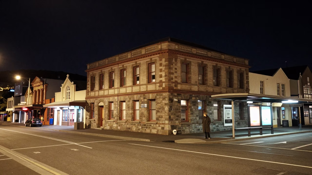 Nighttime Street Scene in Christchurch New Zealand with Vintage 1980s Atmosphere and Urban Details in in Christchurch, New Zealand