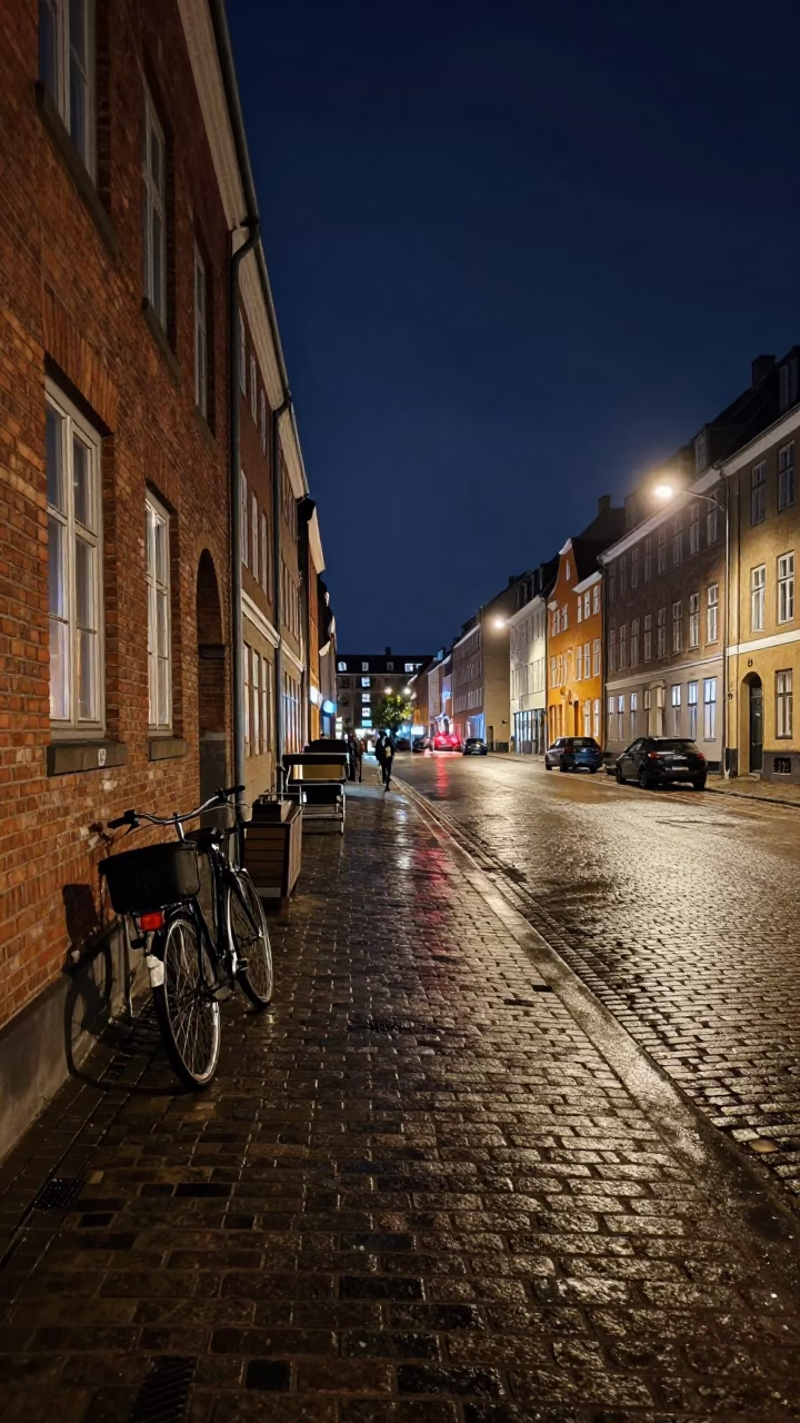 Nighttime Street Scene in Copenhagen Denmark with Bicycle and Cobblestones in in Copenhagen, Denmark