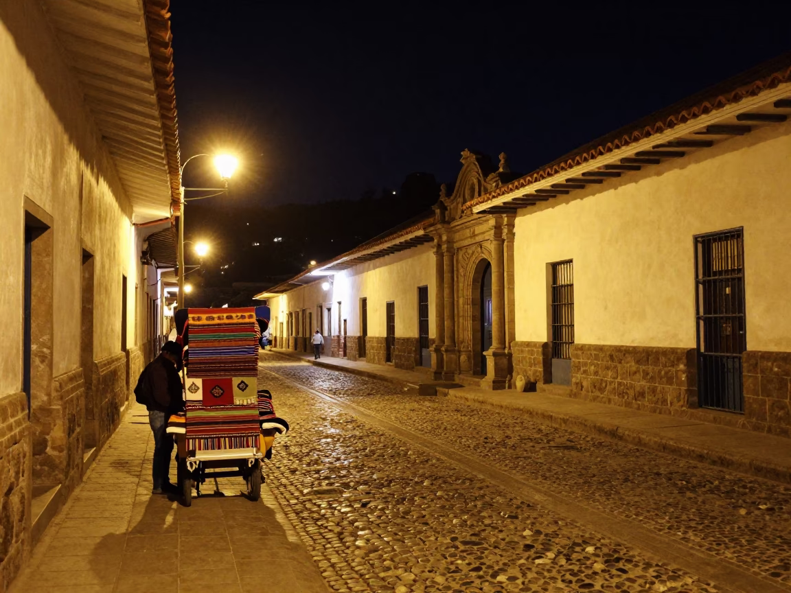 Nighttime Street Scene in Cusco Peru with Colorful Traditional Textiles and Cobblestone Plaza in in Cusco, Peru