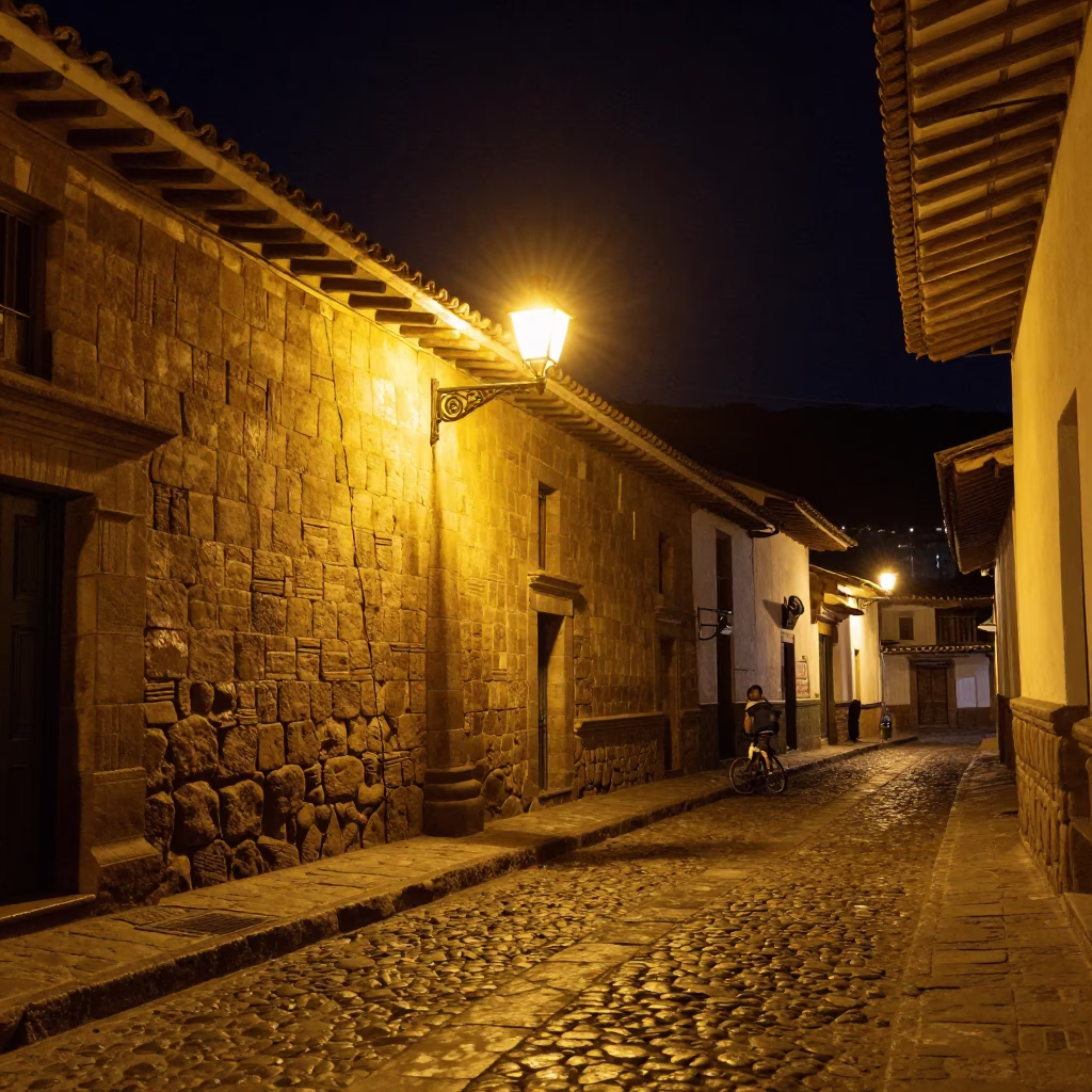 Nighttime Street Scene in Cusco Peru with Condensation and Traditional Architecture in in Cusco, Peru