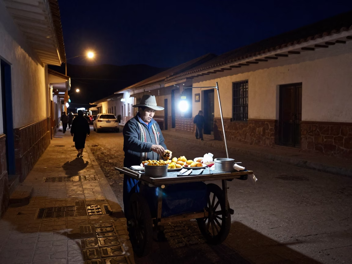 Nighttime Street Scene in Cusco Peru With Local Vendor And Traditional Architecture in in Cusco, Peru