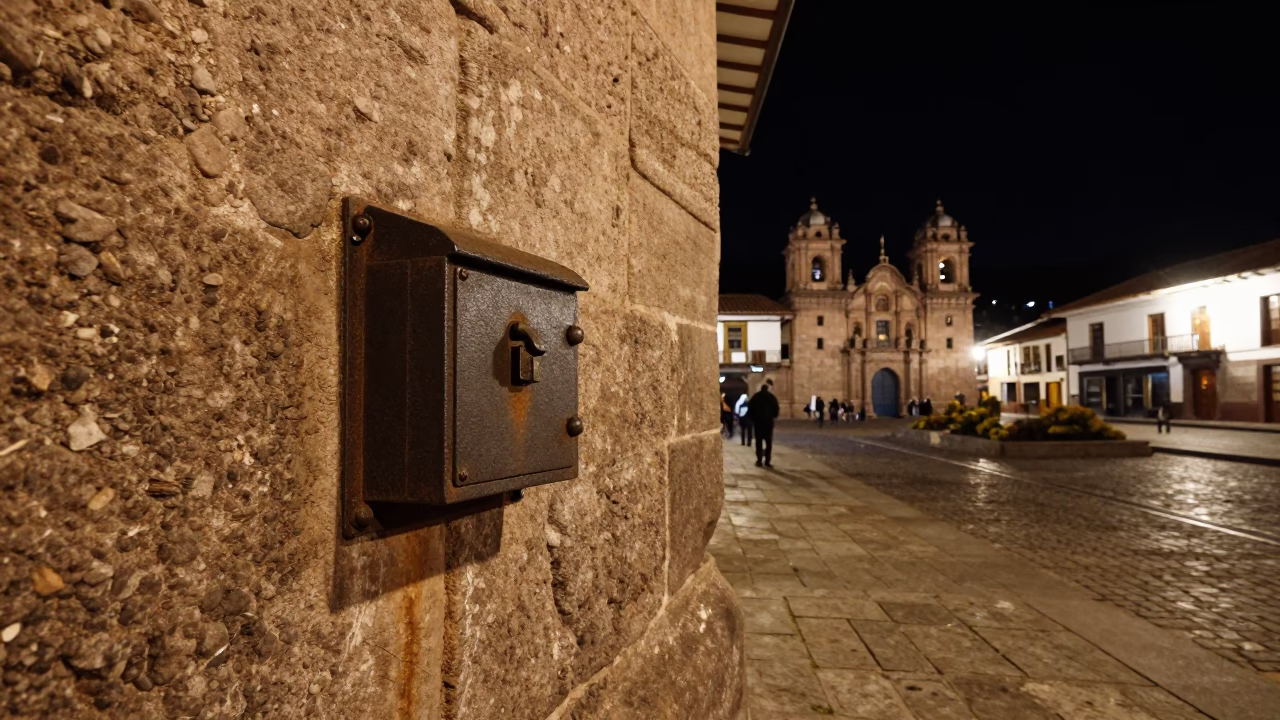 Nighttime Street Scene in Cusco Peru with Lockbox and Cobblestone Plaza in in Cusco, Peru