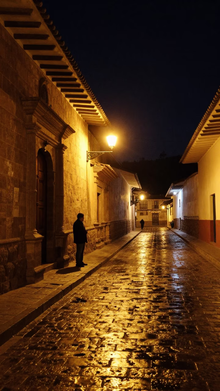 Nighttime Street Scene in Cusco Peru with Stone Architecture and Local Activity in in Cusco, Peru
