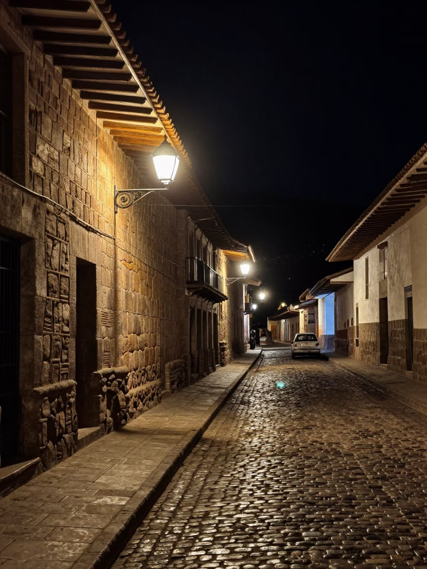 Nighttime Street Scene in Cusco Peru with Stone Architecture and Local Market Details in in Cusco, Peru