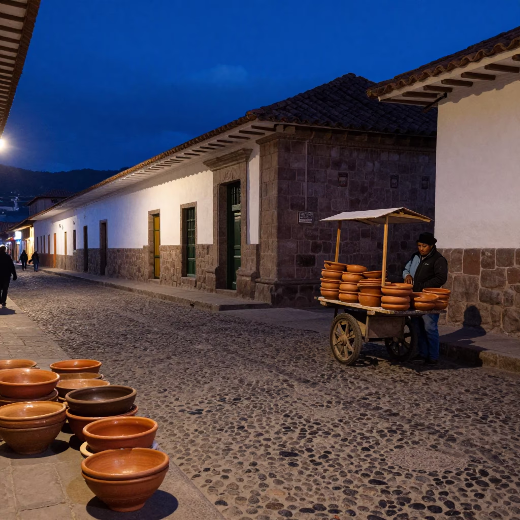 Nighttime Street Scene in Cusco Peru with Terracotta Bowls and Cobblestone Plaza in in Cusco, Peru