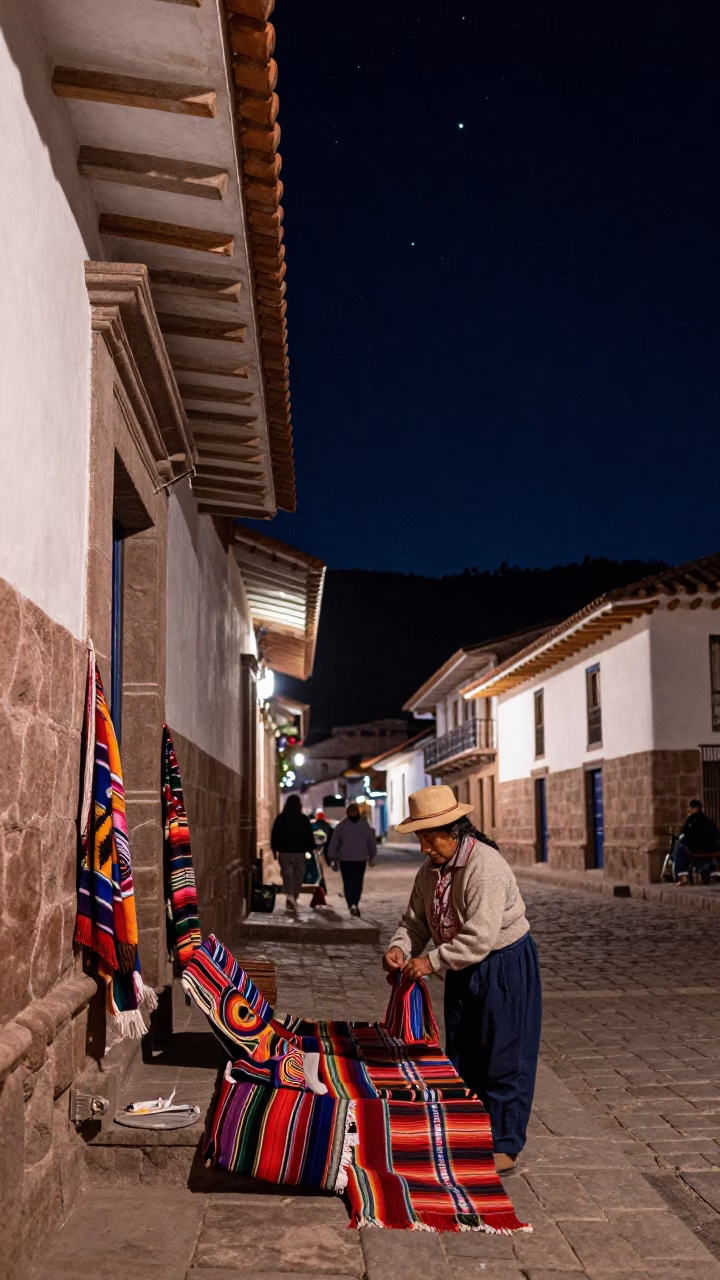 Nighttime Street Scene in Cusco Peru With Traditional Textiles and Starry Sky in in Cusco, Peru